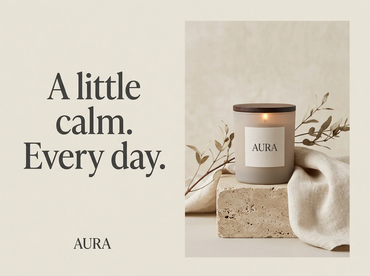 Aura concept candle campaign with a travertine pedestal, linen and a clean editorial banner layout