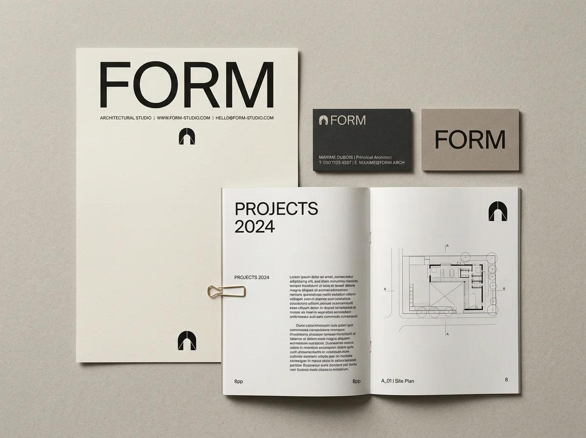 Form architecture concept identity featuring cream stationery, charcoal business cards and an architectural booklet