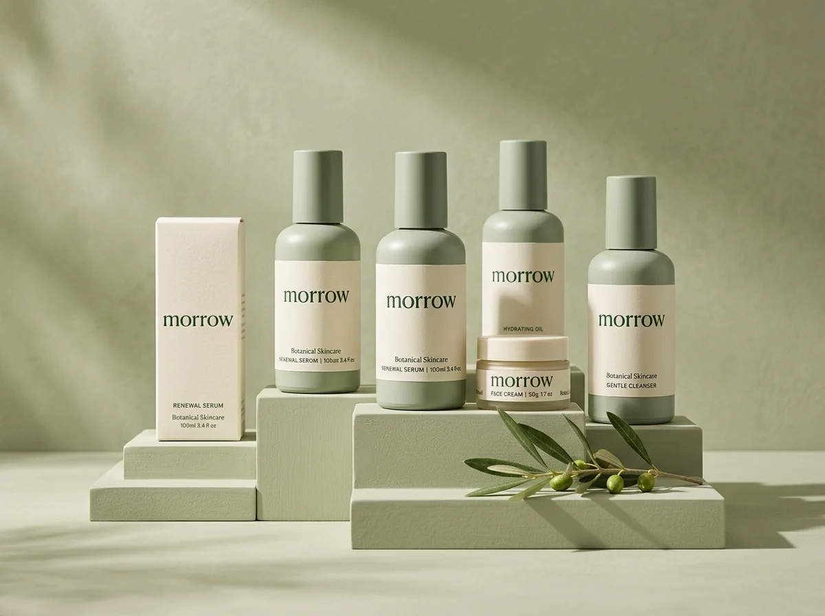 Morrow concept skincare bottles and packaging in soft sage green, with a minimal botanical identity