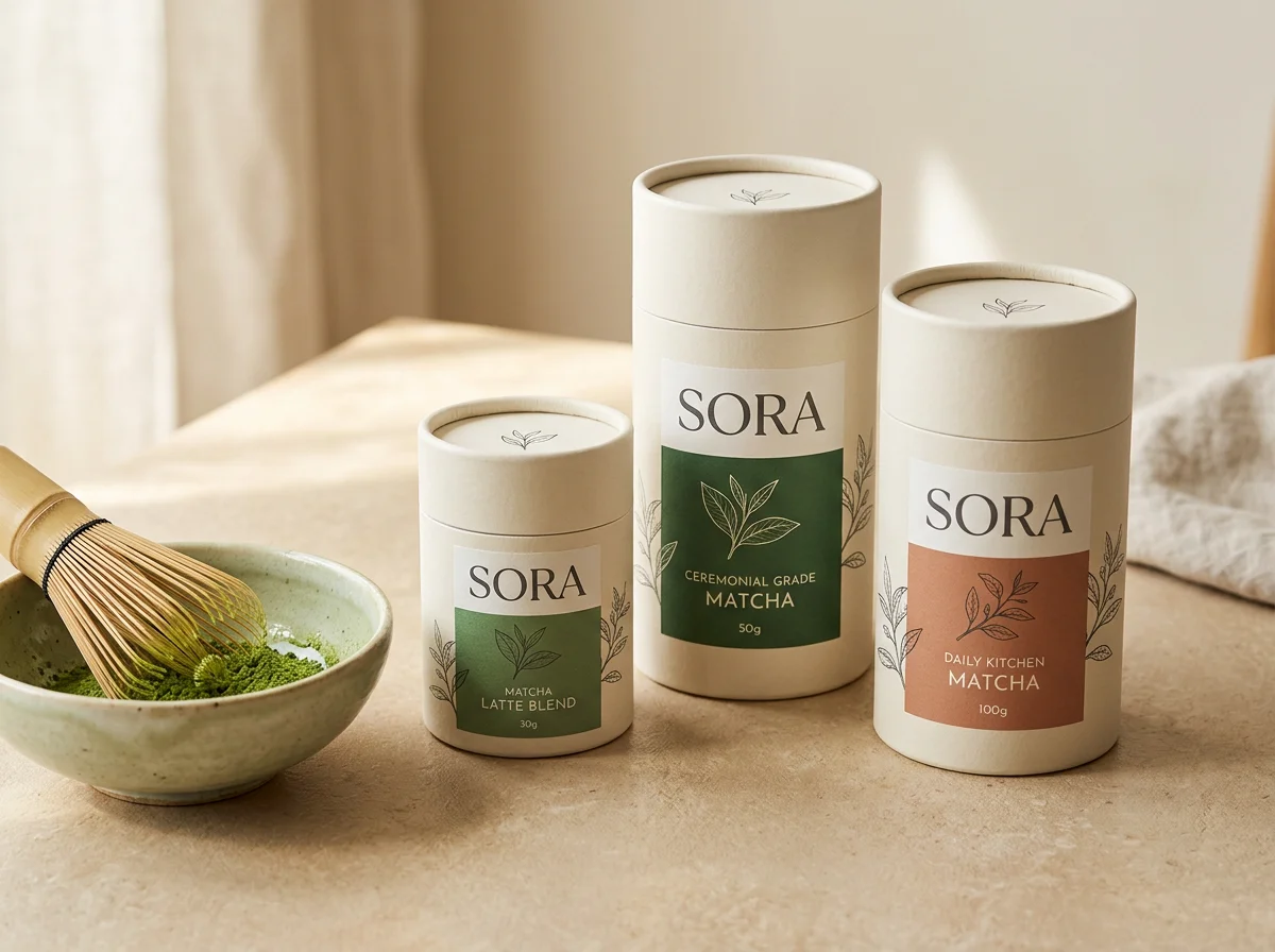 Sora concept tea canisters with cream, green and terracotta labels alongside a matcha bowl