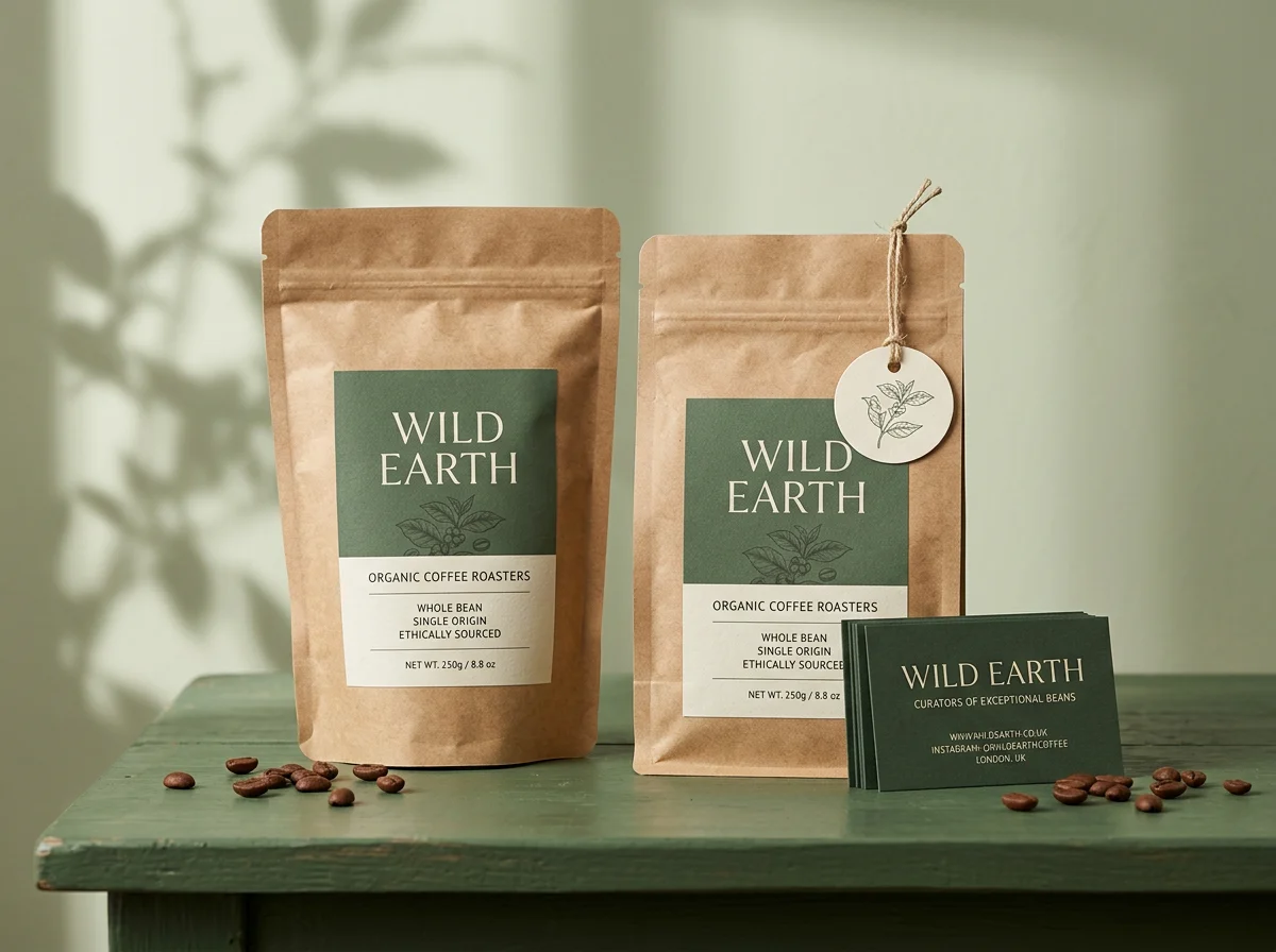 Wild Earth concept coffee pouches with forest green labels, botanical print details and matching cards
