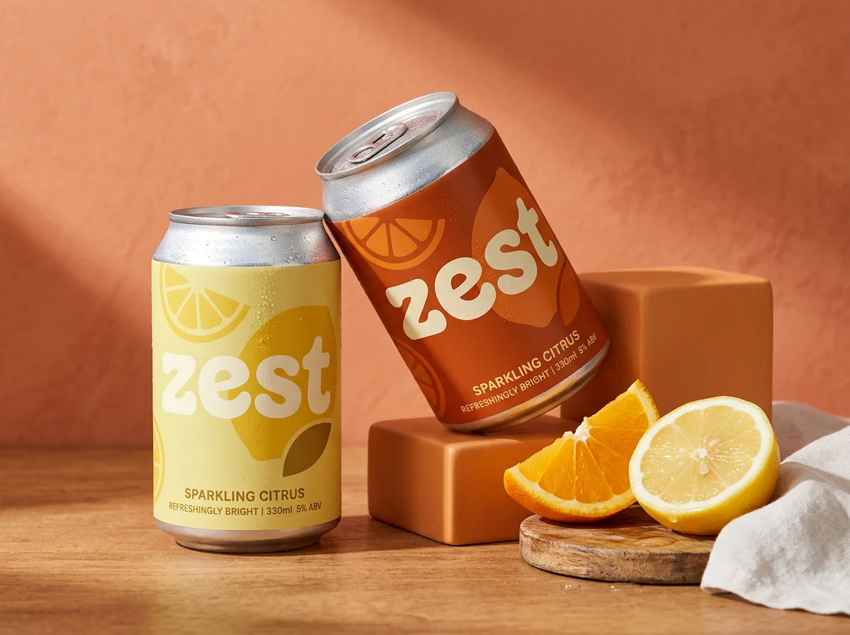 Zest concept citrus beverage cans in warm orange and lemon yellow with bold playful lettering